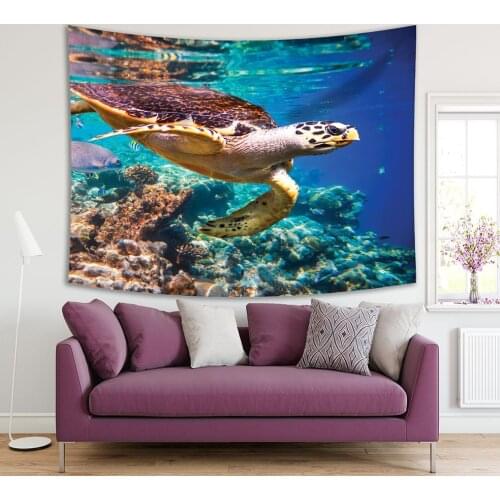 Tapestry Hawksbill Turtle Floats Under Water Coral Reef Maldives Indian Ocean Tropical Undersea Life Photo Blue Brown
