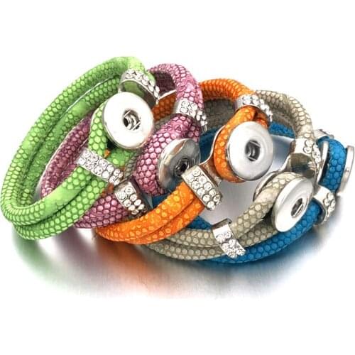 Hot Candy Color 048 PU Leather Handmade 18mm Snap Button Bracelet Babgle Interchangeable Charm Jewelry For Women Gift