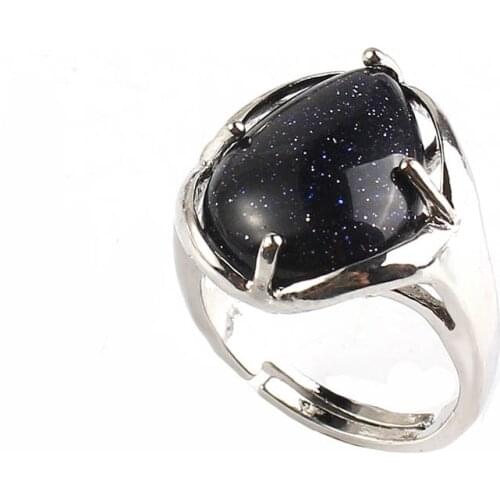 KFT Silver Plated Resizable Blue Sand Stone Ring Water Drop Finger Ring For Women Party Wedding Fashion Jewelry