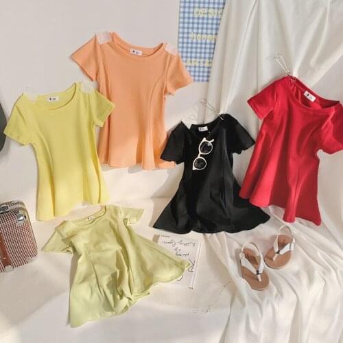 2021 Summer Girls CLothes Short Sleeve Cotton Dress for Girls Solid Color Aline Fishtail Dress DT347