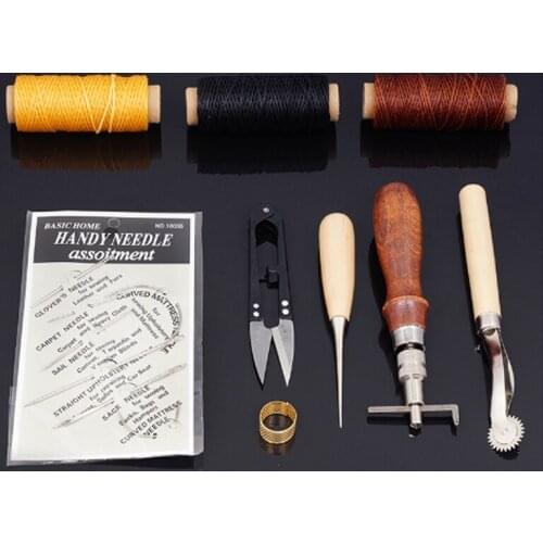 9pcs Hand Stitching Sewing Kit Leather Craft Tools Set DIY Flat Wax Rope Needle Thimble Thread Awl Waxed Thimbles