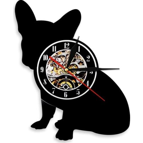 French Bulldog Laser Etched Silhouette Vinyl Record Wall Clock Frenchie Shadow Art Silent Quartz Clock Puppy Owners Home Decor