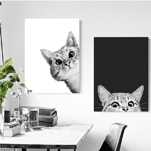 Nordic Style Canvas Prints Painting Lovely Black White Cats Posters Wall Art Animals Modular Pictures for Living Room Home Decor