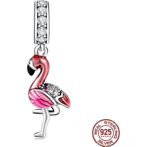 New Silver Color Pink Enamel Flamingo Beads Women Charm Pendant Fit Original Pandora Bracelet Necklace Fashion Jewelry Gift