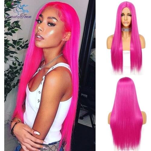BeautyTown Synthetic Lace Wig Long Straight Wigs 24 Inches Deep Part Pink Heat Resistant Cosplay Highlight Hair for Black Women