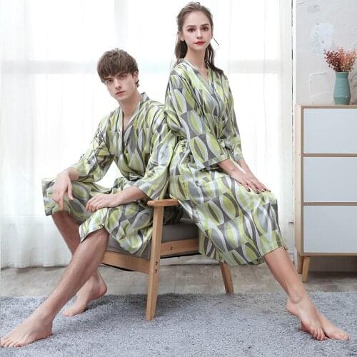 Couples ice silk bathrobe summer night dress women gown men thin digital print silk-like night-gown plus size Pajama