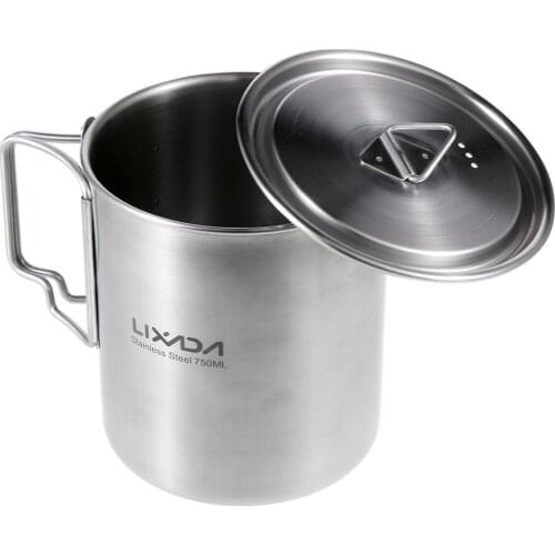Lixada 750ml Stainless Steel Pot Portable Water Mug Cup with Lid and Foldable Handle Outdoor Camping Cooking Picnic Cup