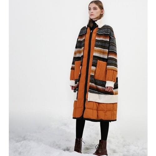 2020 Original Deisgn Winter Women Womens Puffer Coat Ladies Casual Oversized Long Striped Wool Patchwork White Duck Down Jacket