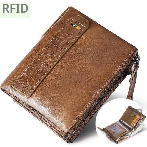RFID Wallet Leather Short Mens Wallet Multifunctional Double Zipper Vertical Wallet Card Holder Coin Pocket Money Bag