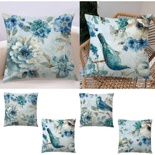 Blue Oil Painting Bird And Flower Linen Pillowcase Cushion Cover Floral Leaf Decorative Sofa Cushions Pillowcases Home Decor