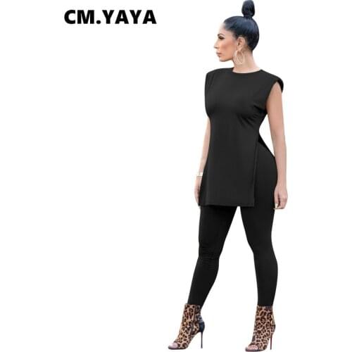 CM.YAYA Women Set Solid Sleeveless Long Split Tops Strechy Long Pants Two 2 Piece Set Tracksuit Sweatsuit Sporty Summer Outfits