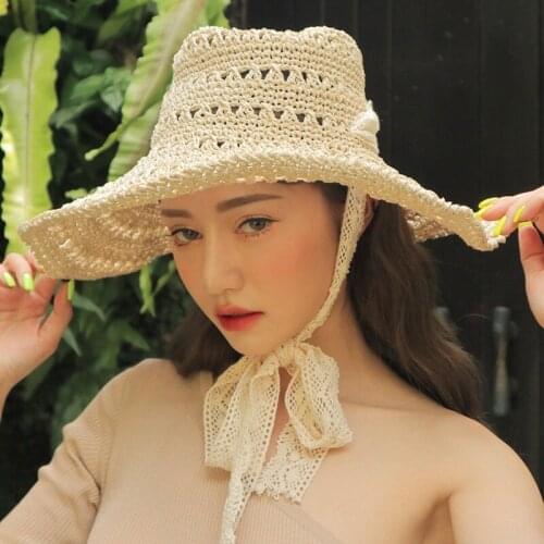 Sun-resistant Topee Foldable Seaside Holiday Handmade Lace Ribbon Crochet Straw Hat Womens Summer Outing