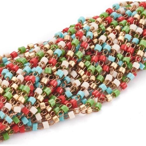 10m/Roll Handmade Glass Beaded Chains Soldered with Unplated Nickel Free Brass Findings with Spool 1~2x0.9~1.5mm F70