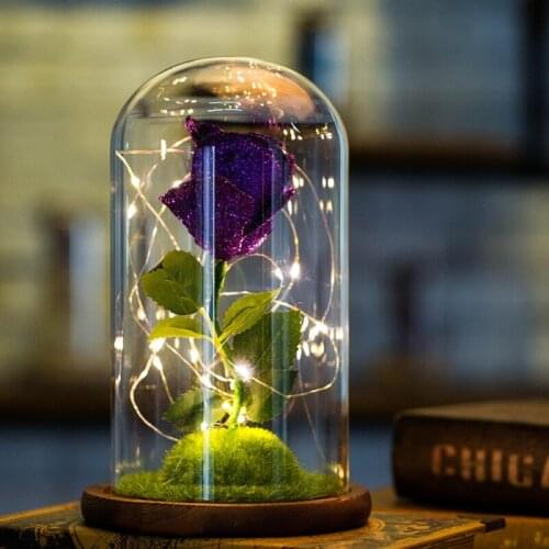 LED Artificial Silk Rose Flower Dome On Wood Base Light String In Glass Glittery Creative Gift for Valentine’s Day Mother’s Day