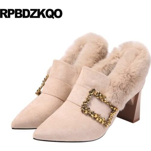 Pumps modern rhinestone fur beige suede 3 inch diamond pointed toe fashion high heels thick crystal shoes women 2019 size 4 34