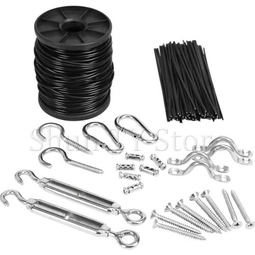 Outdoor String Lights Hanging Kit 50M Black Vinyl-Coated 304 Stainless Steel Cable Hook & Eye Turnbuckle Wire Rope Tension