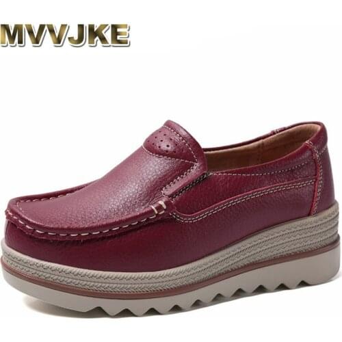 MVVJKEAutumn Women Leather wedge heel casual Shoes Solid color Sneakers Shoes Women Creepers women Genuine Leather Ladies Loafer