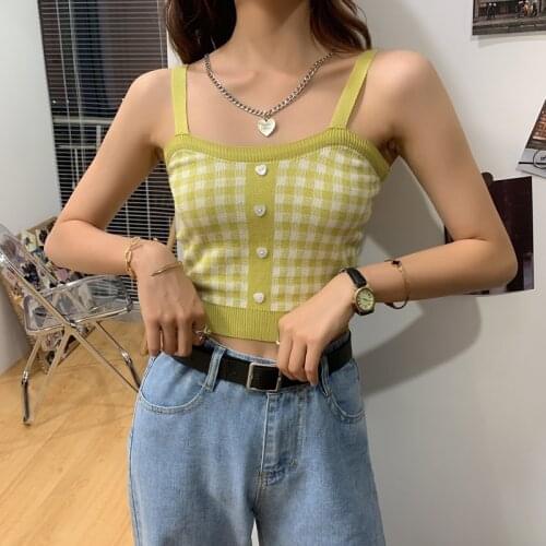 Women Knitted Plaid Crop Tops Female Button Up Straps Streetwear Green Camisole Cute Crop Tops For Women 2021 Summer y2k top