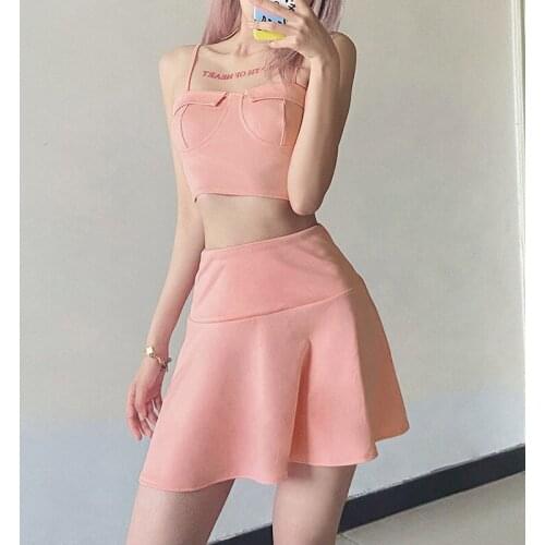 Womens Skirt Y2K 2021 Spring and Summer Short Suspender and Short Skirt Two-Piece Set Solid Color Slim Strap High Waist Dress