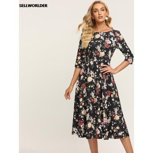 Women Elegant O-neck Autumn Dress Vintage Slim A-line Vestidos Clothes Floral Print Retro Dress