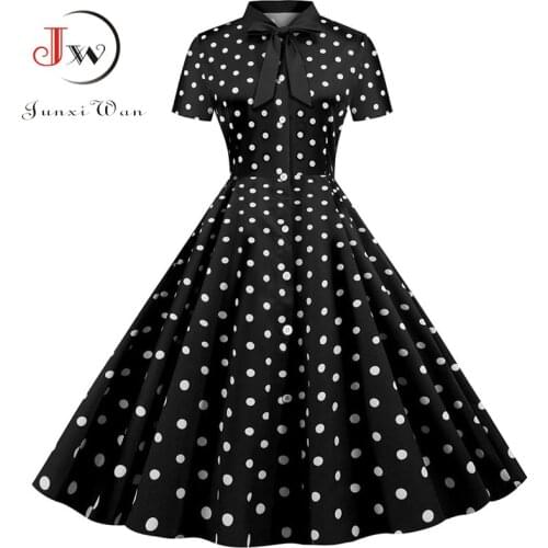 Black Polka Dot Print Women Summer Dress Short Sleeve Striped Bow Elegant Vintage Pin Up 50s Party Dress Vestidos Plus Size