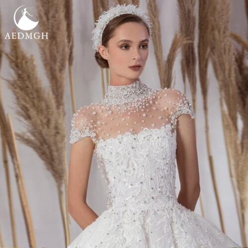 Aedmgh Ball Gown Luxury Shiny Wedding Dresses 2021 High Neck Short Sleeve Vestido De Novia Lace Beaded Crystal Robe De Mariee
