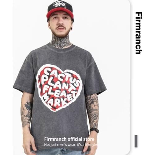 Firmranch 2021 Tee For Men/Women Hip Hop Pink Heart Print Cotton Shorts T-shirts Rocky High Street Style Deep Grey Short Sleeve