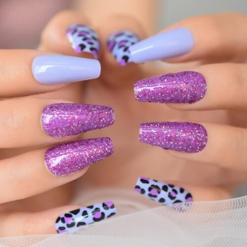 Coffin Medium Press On Nails Multi-designs Leopard Shimmer Fake Nails Purple Blue Artificial Fingernails