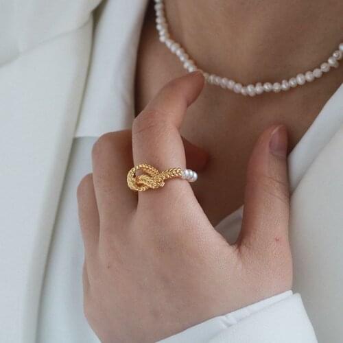 SRCOI Trendy Geometric Twist Knot Design Open Ring Simple Metal Texture Imitation Pearl Ring Women Temperament Jewelry 202103