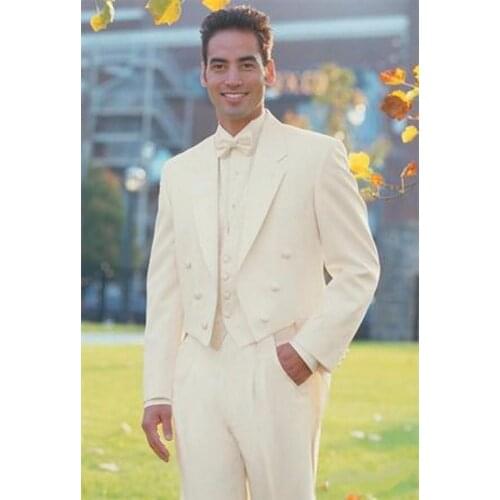 Handsome Groomsmen Dark Ivory Tailcoat Style Groom Tuxedos Notch Lapel Men Suits Wedding Best Man ( Jacket+Pants+Vest+Tie ) C240