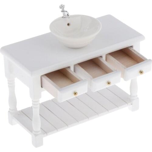 1:12 Scale Mini White Round Wash Basin & Cabinet for Dollhouse Decorative