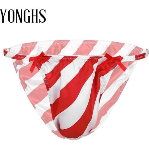Mens Erotic Christmas Sissy Panties Lingerie Sexy Underwear Shiny Satin Striped Low Rise String Hot Sexy Bikini Briefs Panties