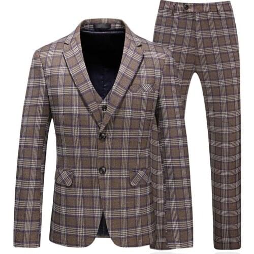 Men Plaid Suit 3 Piece Fashion Khaki Business Slim Fit Wedding Suit Windowpane Prom Tux Formal Dress Suits US size Plus men suit