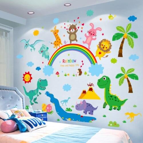 [SHIJUEHEZI] Dinosaur Animals Wall Stickers DIY Coconut Tree Rainbow Mural Decals for Kids Room Baby Bedroom Nursery Decoration