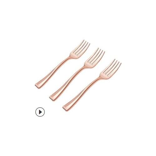 24PCs disposable fork spoon Golden imitation metal pudding spoon dessert spoon mini fork fruit small fork plastic