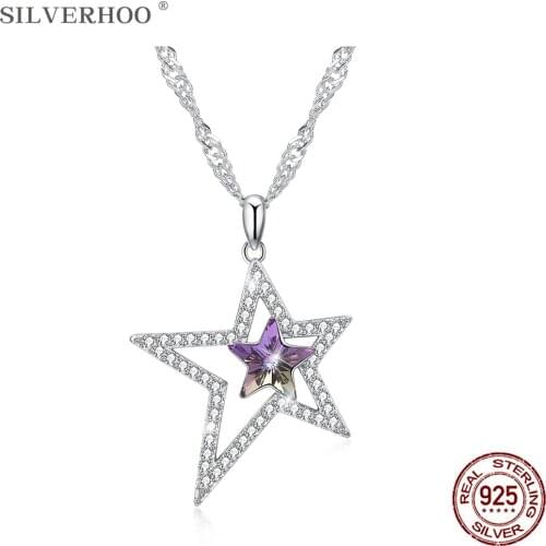 SILVERHOO 925 Sterling Silver Pendant Necklace For Women Big And Small Pentacle Austria Crystal Necklace Party Fine Jewelry New