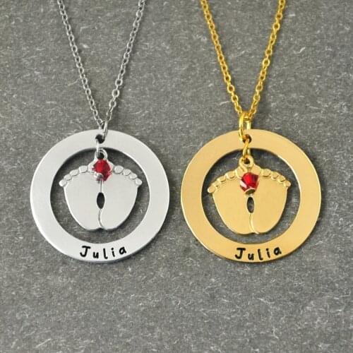 Personalized Name Necklace with Birthstone,Customized Name Round Shape Necklace Baby Feet in the Cricle