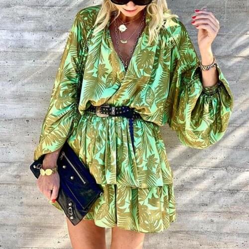 Autumn Women Dress V Neck Leaf Print Long Sleeve A Line Ruffle Green Winter Boho Loose Short Dress 2021