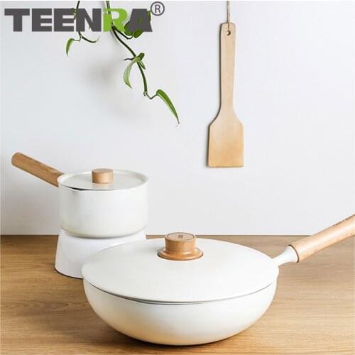 TEENRA Non-Stick Steak Frying Pan White Thickened Omelet Pan kitchen Wok Pan Cooking Soup Pot Wooden Handle Milk Breakfast Pot