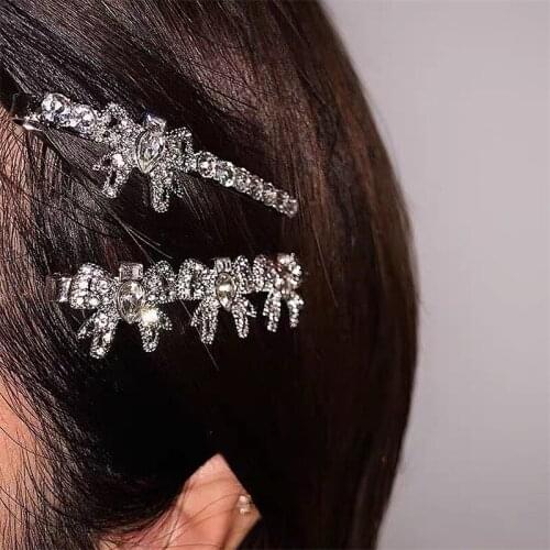Vintage Metal Crystal Bow Hairpin Hair Clip Fashion Hair Accessories for Girls Women Harajuku Hollow Out Silver Color Hair Pins