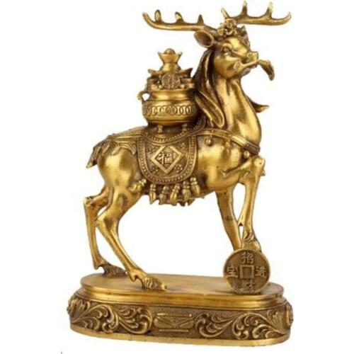 YM Copper Statue Collection Chinese Fengshui Bronze Gild Lovable Animal Deer Sika Deer Treasure Bowl Wealth Blessing Statue