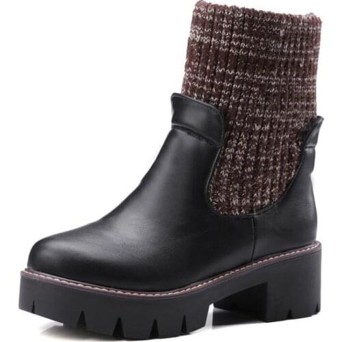 Big Size Winter Boots Women Thick Heels Martin Ankle Boots Platform Casual Shoes Woman Wool Boot Shaft Plus Size 34-43 XKD2047