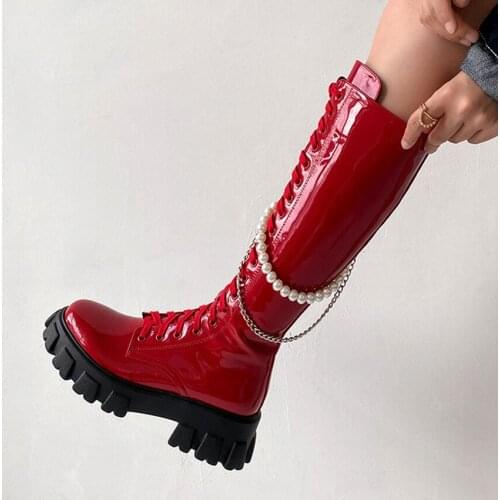 2021 Autumn Winter Women Fashion Lace Up Decor Boots Pu Leather Platform Side Zipper Long Boots
