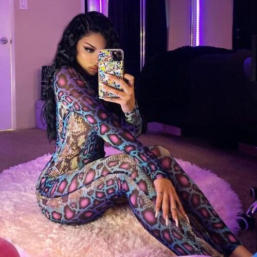 Snakeskin Print Sexy Jumpsuit Women Long Sleeve Turtleneck Bodycon Jumpsuit Rompers Autumn Club Sexy Female Streetwear