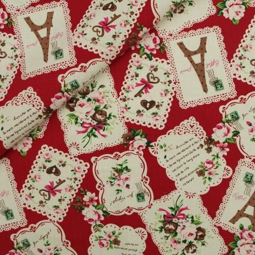 130cmx50cm Ripstop Cotton Linen Fabric for handmad, bed, bag, curtain - Rose and tower - red (LF093)