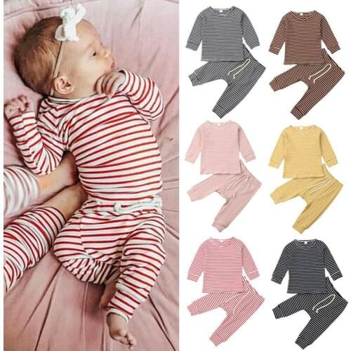 Pudcoco Newborn Baby Boy Girl Clothes Cotton Striped Long Sleeve T-Shirt Tops Long Pants 2Pcs Outfits Clothes Autumn 0-24M
