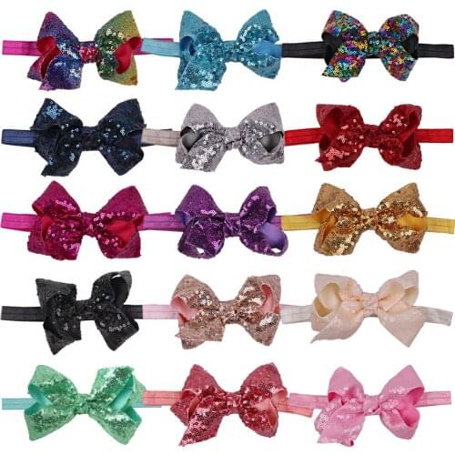 15pcs/lot 4.5" Sequin Hair Bows With Headband Girls Knot Ponytail Holder Big Hair Bows Head Band Hair Accessories For Women