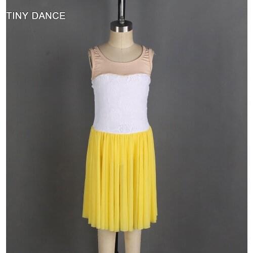 White Lace and Nude Mesh Top Bodice with Attached Yellow Soft Mesh Skirt Ballet Dress Lyrical and Contemporary Costume 20013