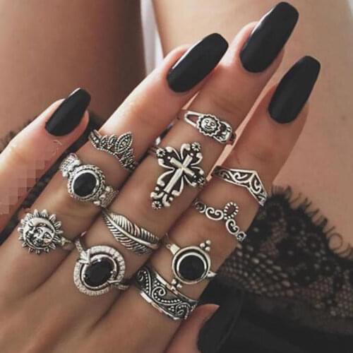 Docona 11pcs/set Vintage Sun Cross Black Opal Rhinestone Midi Ring Set for Women Knuckle Rings Anillos Jewelry 14420