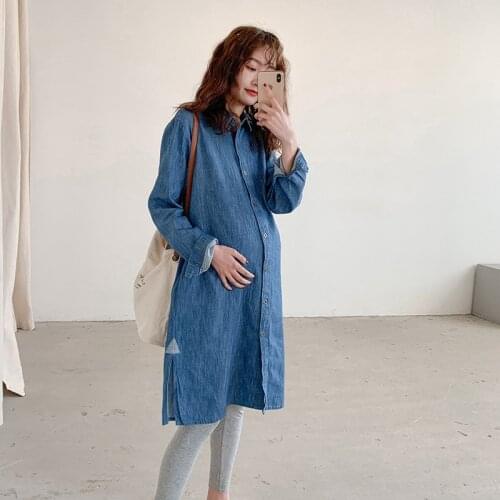 Maternity Denim Dress Elegant SpringAutumn Pregnant Women Loose Denim Long Sleeve Retro Long Blouse Single-Breasted Ladies Tops